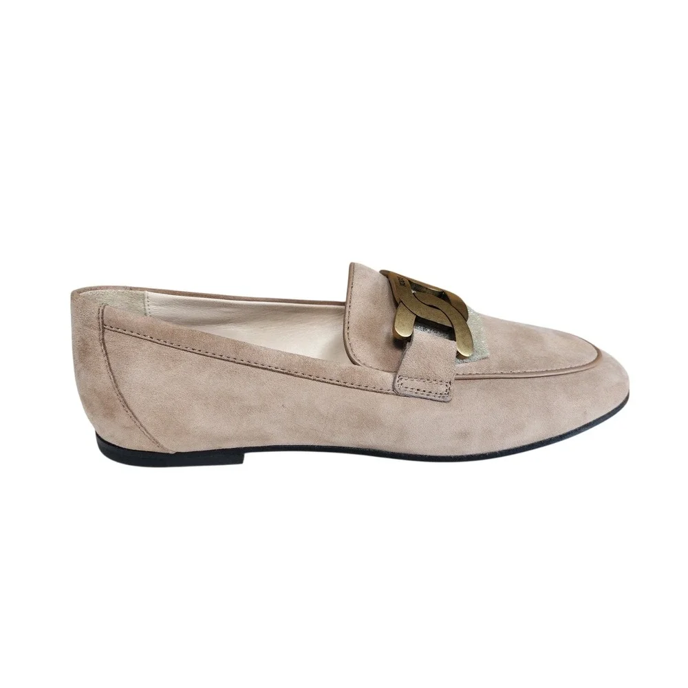 Tod's Kate Loafers Cappuccino Suede Gold Chain Flats XXW79A0DD00D8WC806 35.5 NIB